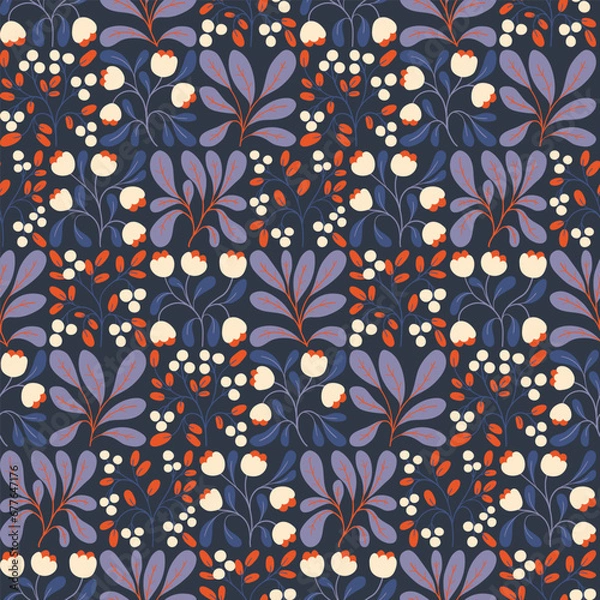Fototapeta Seamless floral pattern, decorative print with folk retro motif. Botanical design with wild plants in winter colors: hand drawn small flowers, leaves, berries on a blue background. Vector illustration