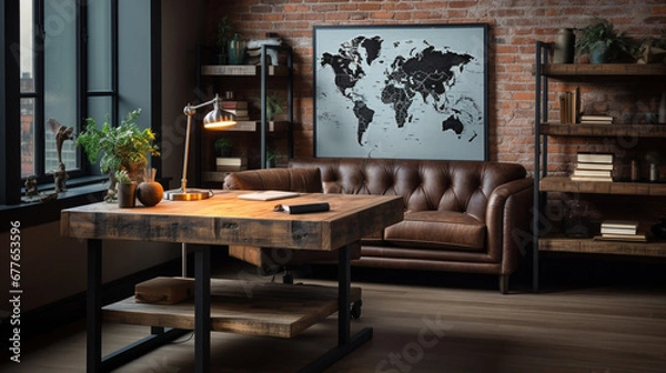 Fototapeta Industrial-style home office with a reclaimed wood desk Design and a bookshelf