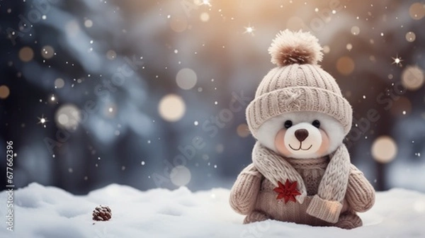 Fototapeta A teddy bear wearing a scarf and a hat sits on snow in the winter forest on a sunny day.