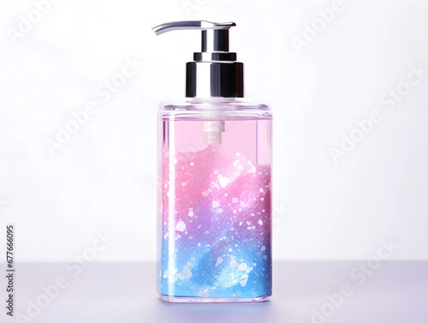 Fototapeta Soap dispenser bottle with blue and pink sparkling liquid mock up