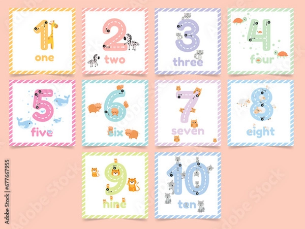 Fototapeta Set with learning numbers flashcards for kids. Tracing guide with count animals. Vector