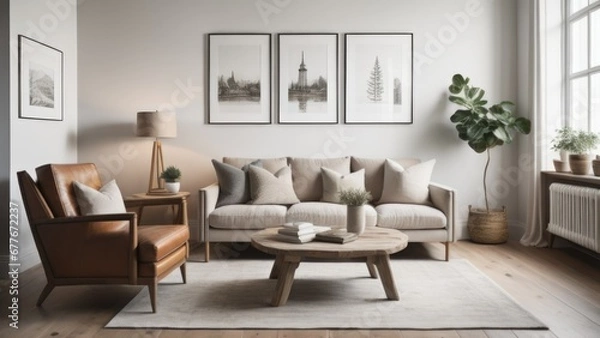 Obraz Wing chair near rustic wooden coffee table. Interior design of scandinavian living room with frames