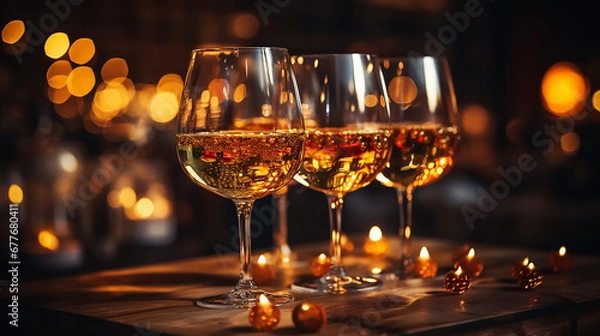 Fototapeta People celebrating, making toasts with wine and champagne glasses at a party. A lot of friends enjoy a warm evening indoors. Close up photo.