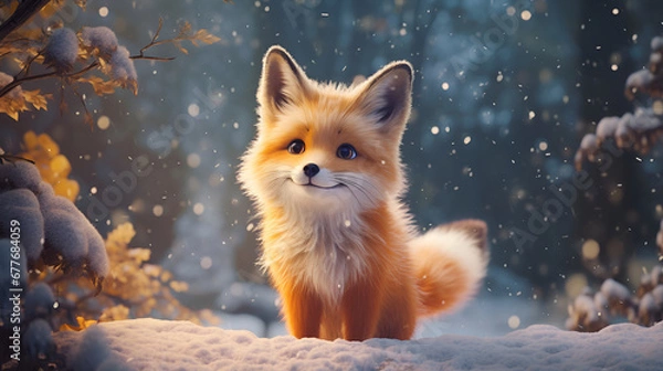 Fototapeta Red cute fox cub on the background of a snowy fairy tale winter forest with bokeh light and copy space. Cartoon illustration 3d. Christmas greeting card.