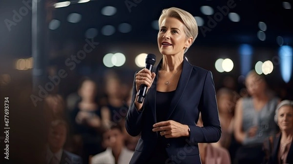Fototapeta Portrait of a speaker on stage at event talk that has an audience watching