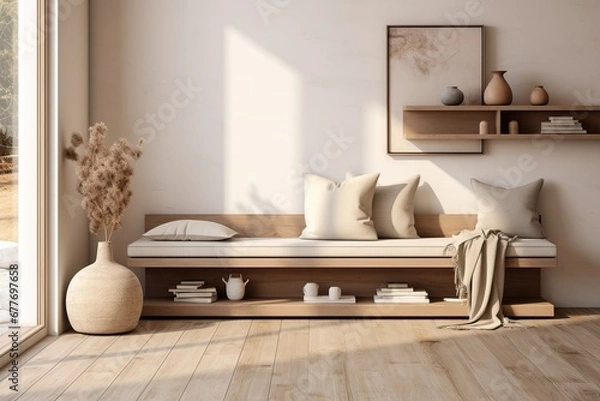 Fototapeta Light Hallway with Wooden Furniture and Ceramic Decor