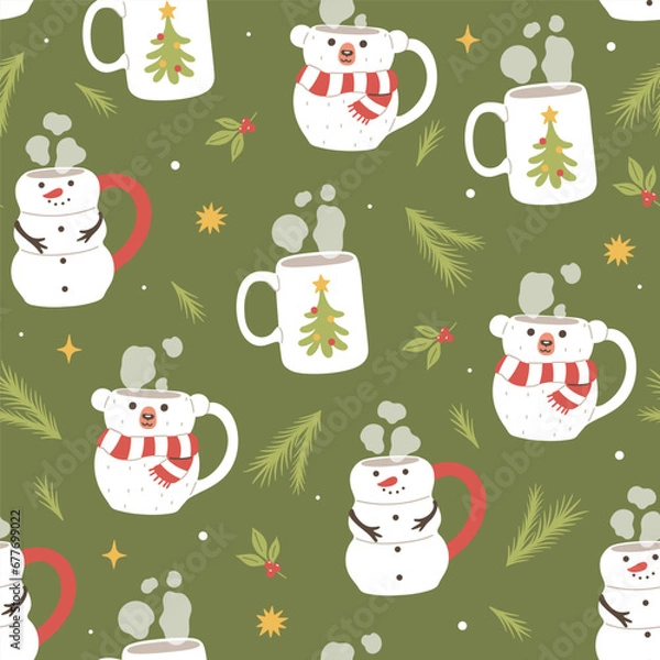Fototapeta Seamless Christmas pattern with festive mugs. Vector graphics.