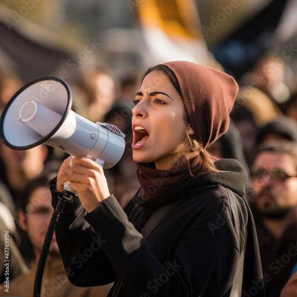 Obraz An Israeli woman with a megaphone at a demonstration