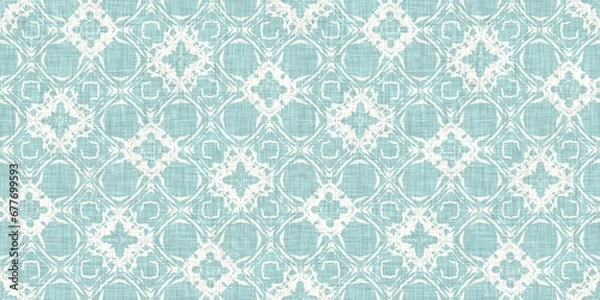Fototapeta Aqua teal blue white vibrant watercolor batik azulejos tile border banner background. Seamless coastal blur linen effect geometric mosaic effect.Boho Patchwork nautical masculine summer ribbon trim. 