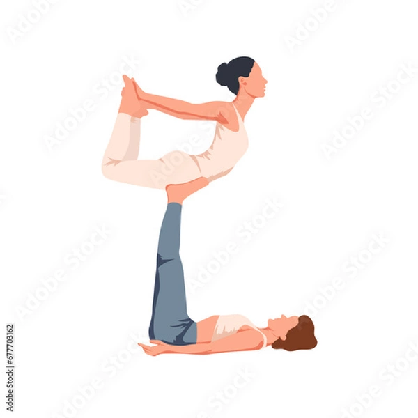 Fototapeta Women practice acro yoga together. Girl balancing in the air supported by legs. Vector illustration isolated on the white background