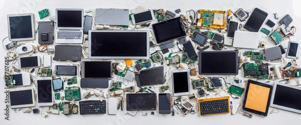 Obraz Old computers, digital tablets, mobile phones, many used electronic gadgets devices, broken household and appliances on white background. Planned obsolescence, electronic waste for recycling concept. 