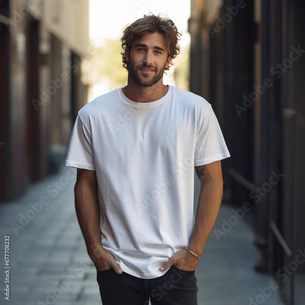 Fototapeta Lifestyle style photo of a male long haired Model, full  body photo, male model is wearing an oversized white T-shirt crewneck and denim