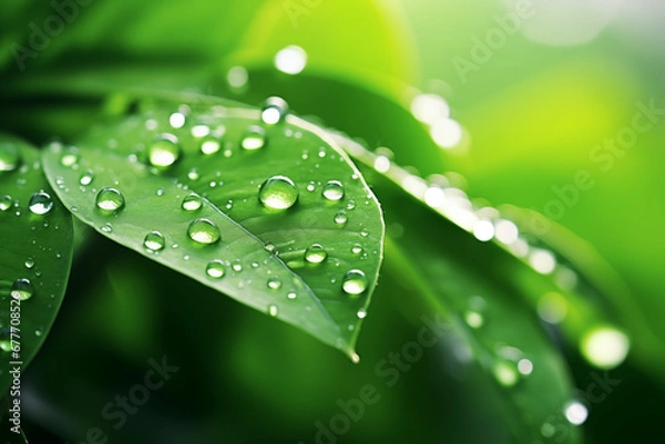 Obraz water drops on green leaf