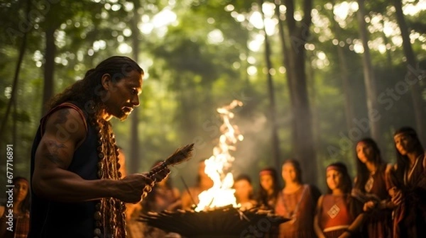 Obraz Indigenous ritual in the woods, intimate eye-level shot of an indigenous tribe performing a traditional ceremony amidst the forest, showcasing the deep bond and respect for nature.