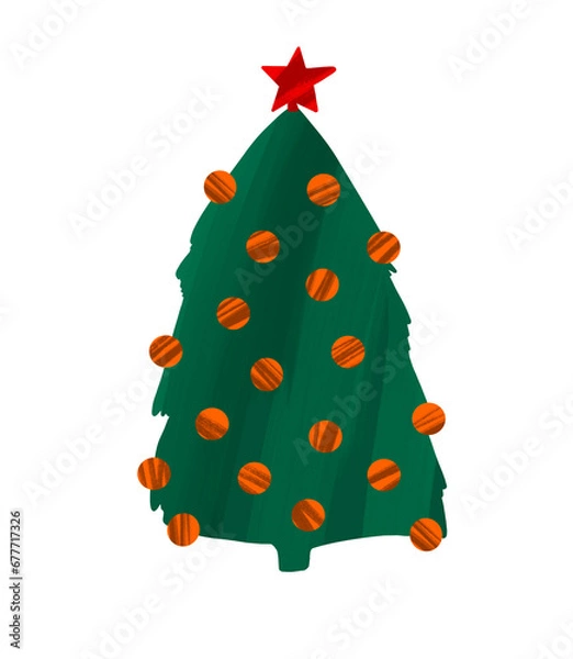 Fototapeta Collage with Christmas tree and Christmas tree toys. Christmas tree with balls made of felt with their hands. Print design element