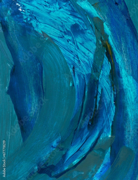 Fototapeta An icy picturesque pattern on the glass. Hand-drawn winter texture wuth acryl, abstract blue background. Design element of fabric print, cosmetics packaging, banner, interior poster. Contemporary art.