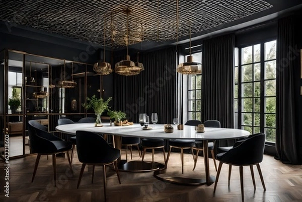 Fototapeta a dining space with contrasting black and white elements for a timeless look