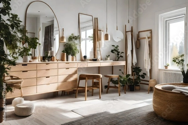 Fototapeta a Scandinavian-style dressing area with a focus on eco-friendly and sustainable furniture