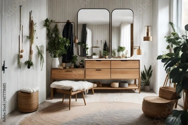 Fototapeta a Scandinavian-style dressing area with a focus on eco-friendly and sustainable furniture