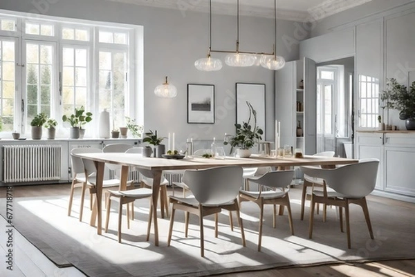 Fototapeta a monochromatic Scandinavian dining room with various shades of gray