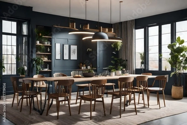 Fototapeta a dining space with a blend of industrial-style and Scandinavian-inspired furniture