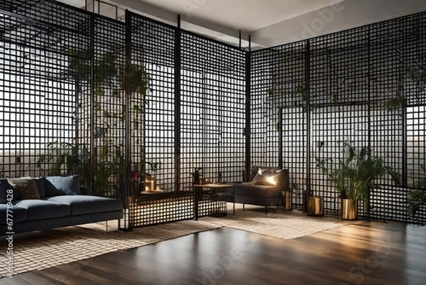 Fototapeta a living room with industrial-style metal grid or mesh room dividers