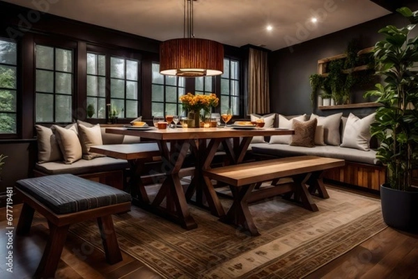 Fototapeta a cozy and inviting dining area with bench seating and plush cushions