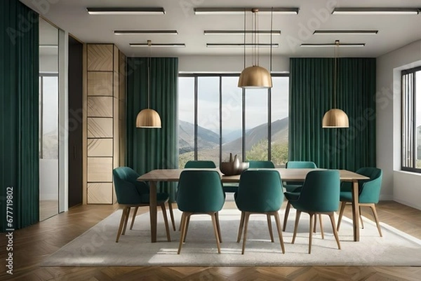 Fototapeta a dining room with industrial-style green and teal accents against a neutral backdrop