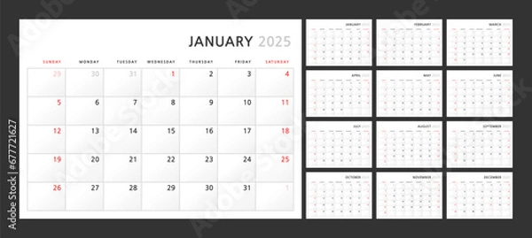 Obraz Wall quarterly calendar template for 2025 in a classic minimalist style. Week starts on Sunday. Set of 12 months. Corporate Planner Template. A4 format horizontal