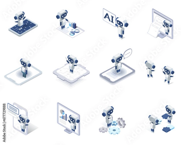 Fototapeta Vector isometric illustration set of Artificial intelligence AI robot