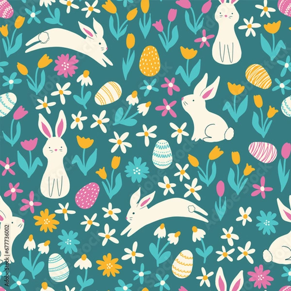 Fototapeta Seamless vector pattern with cute Easter bunnies and decorated Easter eggs and folk flowers.