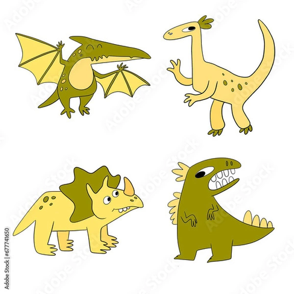 Fototapeta Cute green dinosaur set for kids, baby clipart design. Colorful dino of hand drawn style. Illustration of dinosaurs isolated on background..Cute cartoon animals