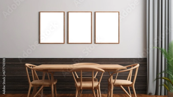 Fototapeta Mockup of posters or framed paintings in a dining room with a wooden table and chairs