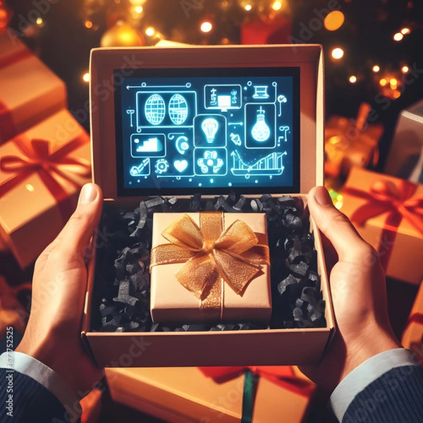 Obraz Hands with a technological gift box for christmas