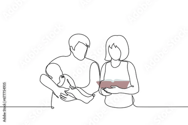 Fototapeta couple are standing nearby, the man is holding a child and both are looking at a book - one line art vector. concept heterosexual family are trained to take care of children, man and woman with baby