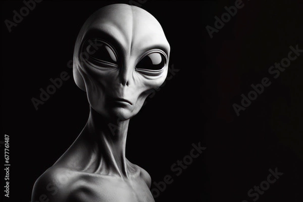 Fototapeta Black and white photorealistic studio portrait of a Grey Alien on black background. ai generative