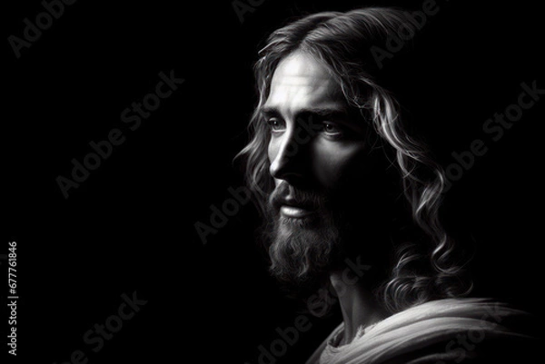 Fototapeta Black and white photorealistic studio portrait of Jesus Christ on black background. ai generative