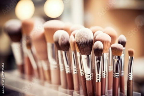 Fototapeta Organized Makeup Brushes in Clear Holder on Counter