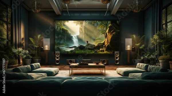 Fototapeta Create a home theater with big screen with sound absorption divider with dark green color velvet curtain, Minimalist style furniture.