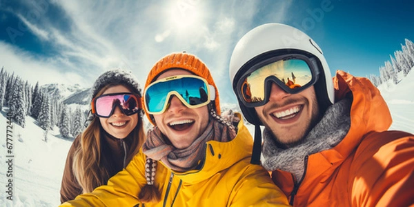 Fototapeta group of cheerful friends on winter vacation. in ski equipment at the resort. ai generative