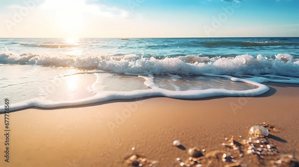 Obraz Beach in the morning with beautiful waves. Created with the help of artificial intelligence.