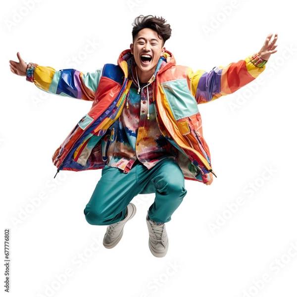 Fototapeta Asian young man dancing or jumping, isolated on white or transparent background.