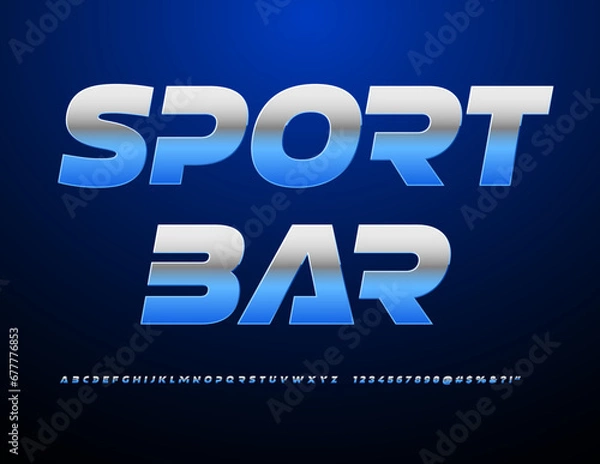 Fototapeta Vector trendy signboard Sport Bar. Futuristic style Font. Set of metallic Alphabet Letters and Numbers set