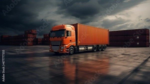 Fototapeta Orange container truck for export and import