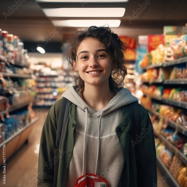 Obraz Portrait of a happy customer  teenager shopper in a grocery supermarket  store