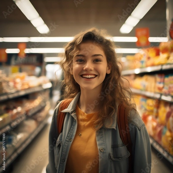 Obraz Portrait of a happy customer  teenager shopper in a grocery supermarket  store