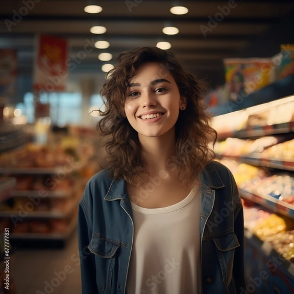 Obraz Portrait of a happy customer  teenager shopper in a grocery supermarket  store
