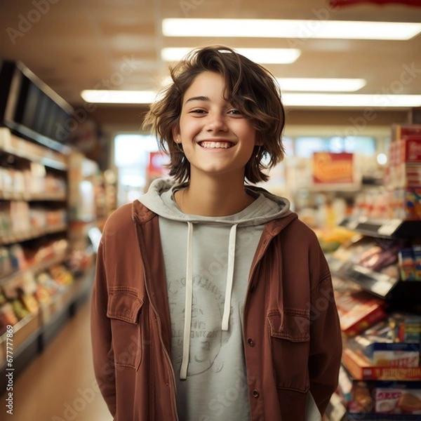 Obraz Portrait of a happy customer  teenager shopper in a grocery supermarket  store