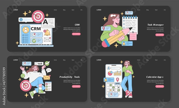 Fototapeta Productivity Apps set. Visualize CRM solutions and task management. User juggles tasks, plans with calendar tools. Work efficiency, time management. Flat vector illustration.