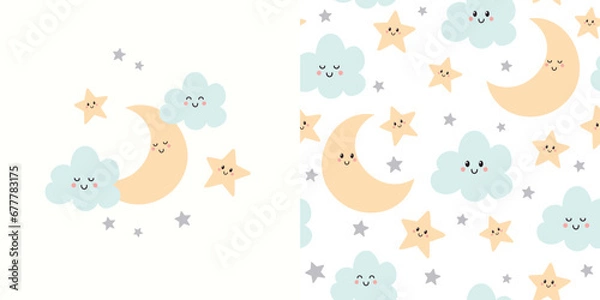 Fototapeta Cute sleeping moon card and seamless pattern. Background for kids with moon, stars and clouds. Vector illustration. It can be used for wallpapers, wrapping, cards, patterns for clothes and other.